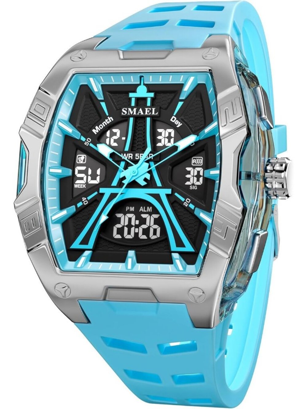 Men's Light Blue Tonneau Analog Digital LED Backlight Silicone Band Wrist Watch